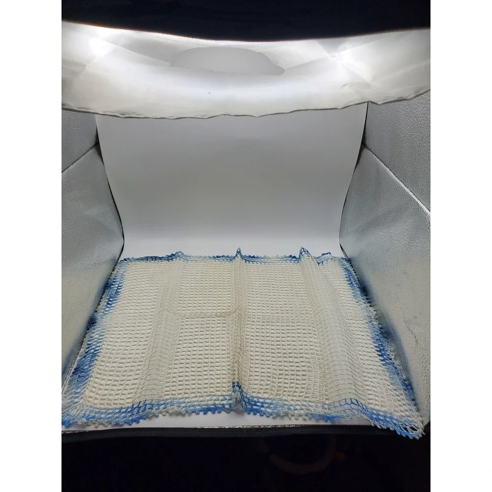 Vintage Filet Crochet Table Runner or Doily- Blue Scalloped Border 12x18